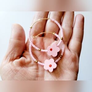 Handmade Pink Flower Hoop Earrings 18k Gold Plated